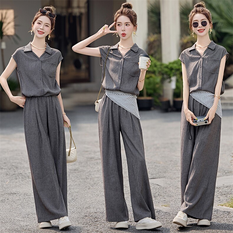 休闲套装女2025夏季新款韩系高级松弛感老钱风气质亚麻一整套穿搭，女装套装/套裙，依曼迪