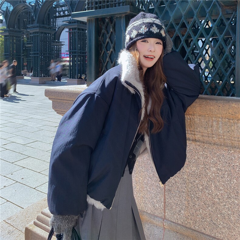 藏青色羊羔毛拼接双面穿棉衣女冬季小个子学院风立领加绒加厚外套,女装棉衣/棉服,2C218