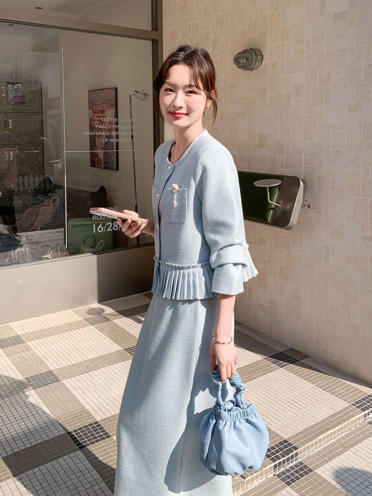 现货-2026年春季法式优雅压褶拼接两件套套裙女温柔风气质穿搭,女装套装/套裙,霓裳依族