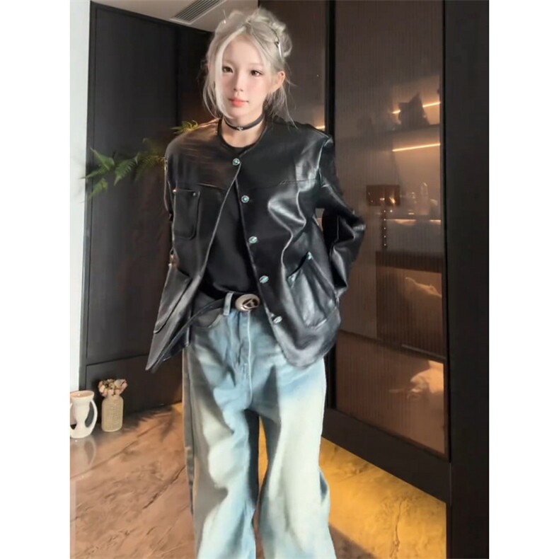 鳄鱼皮纹小香风皮衣外套男女款秋季穿搭pu皮夹克美式正肩无领外套,男装夹克,星座506A