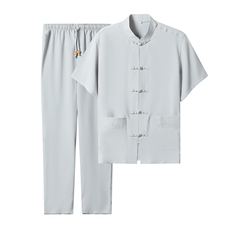 2022风男士唐装夏季亚麻短袖中老年套装复古风潮牌汉服两件套，男装中老年男装，钱塘723