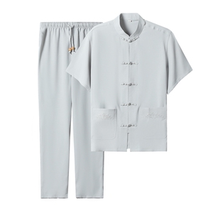 2022风男士唐装夏季亚麻短袖中老年套装复古风潮牌汉服两件套图片