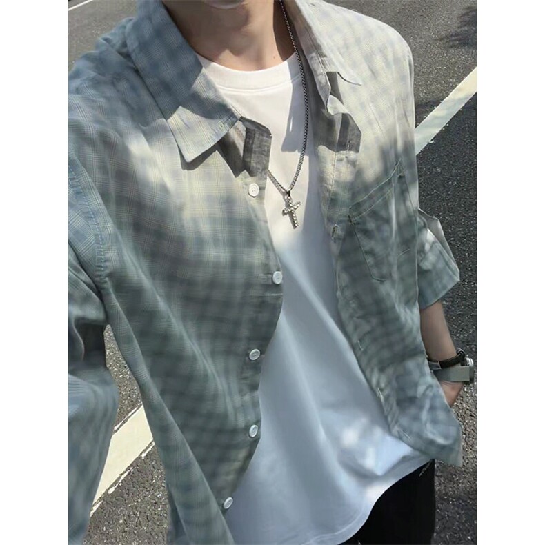 蓝色复古格子短袖衬衫男款夏季潮牌慵懒衬衣户外薄款透气防晒外套,男装衬衫,电商A007