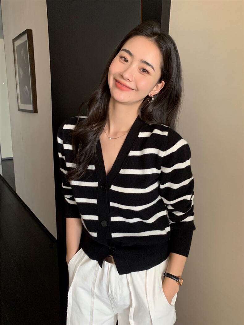 秋冬新款v领女单排纽扣修身针织开衫,针织衫/毛衣,玛卡隆羊绒