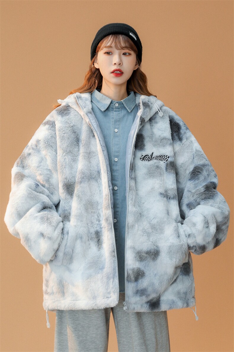 216-BK100-P128女类21中性男女扎染连帽仿皮草外套灰控148,女装棉衣/棉服,星座716-5（原216-1）
