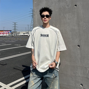 美式短袖t恤男夏季新款线条设计感宽松休闲潮流百搭高街痞帅半袖图片