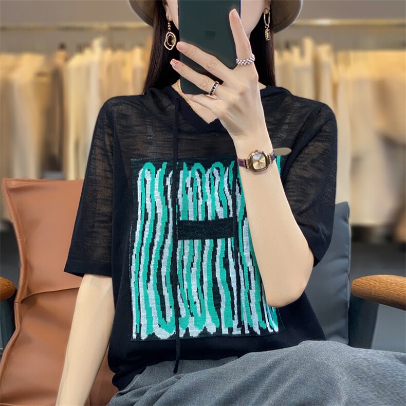 拼色连帽短袖微透竹节针织衫2024夏季新款短款女上衣宽松薄款t恤,针织衫/毛衣,大美人包芯纱店