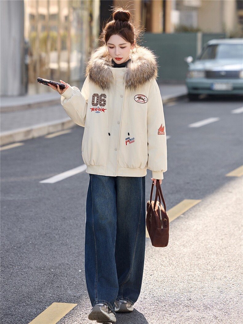 美式复古刺绣连帽派克羽绒服女2025冬季新款酷飒工装风厚外,女装羽绒服,玖莱伊