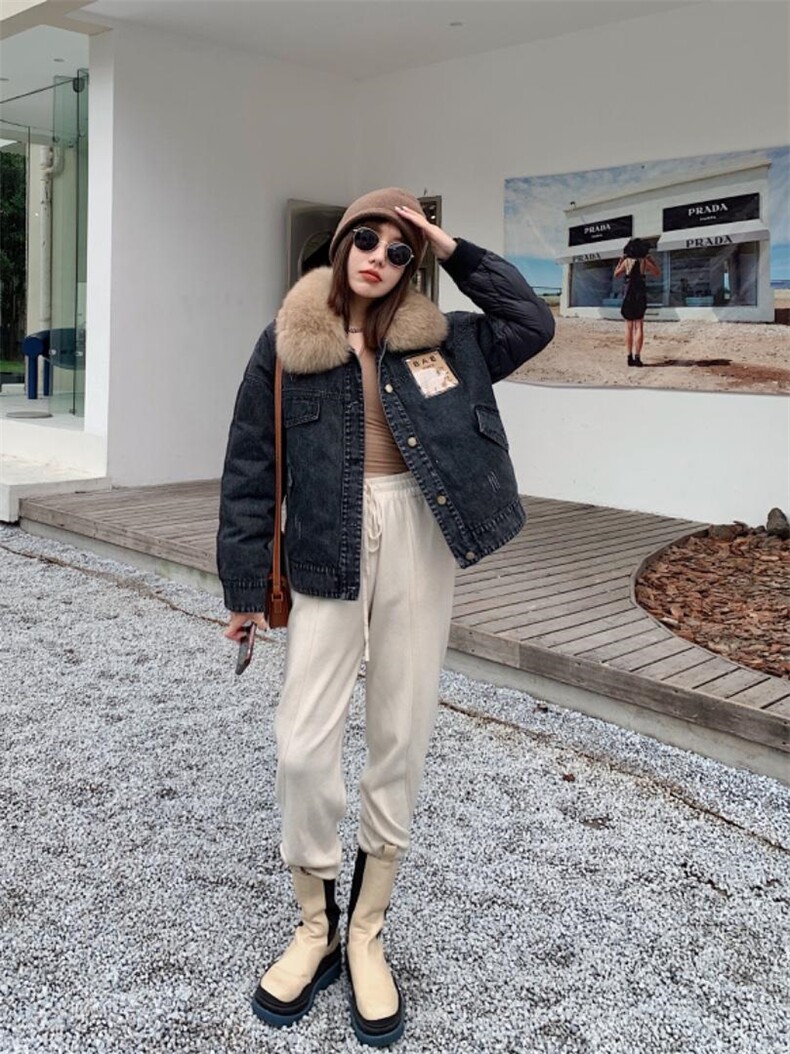 贴标牛仔羽绒外套狐狸毛领，其它，转角爱尚