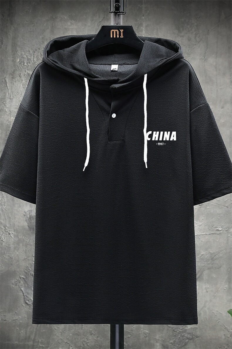 LD54248-P45连帽短袖t恤男大码胖子带帽五分袖中袖展架,男装T恤,电商A040A