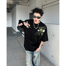 重工街头新中式花卉刺绣廓形短袖T恤男女潮夏装上衣服ST565-P43，男装T恤，星座412-3