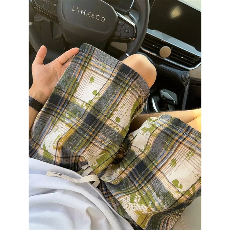 扎染格子短裤男夏季美式复古高街vibe高级感潮流宽松休闲五分裤子,男装休闲裤,电商A007