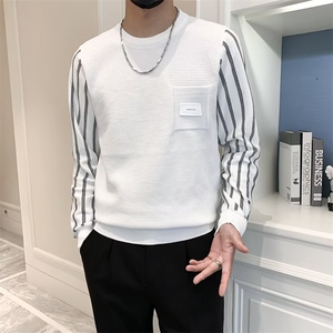 拼接假两件圆领针织毛衣线衣保暖舒适休闲撞色条纹毛衣男 M878图片