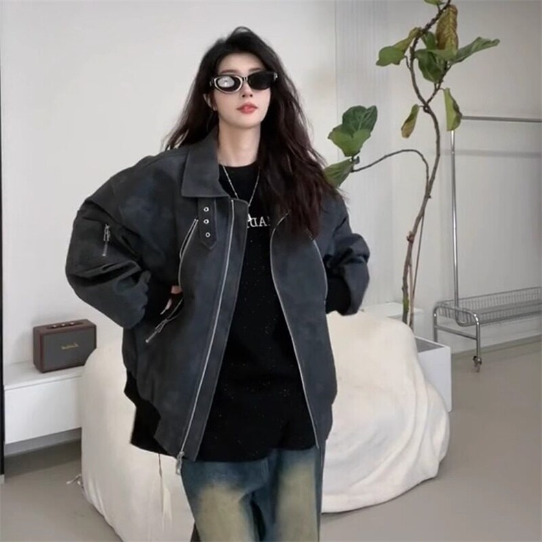 慵懒简约气质ins潮流原宿甜酷辣妹美式PU皮夹克女机车外套新款图片
