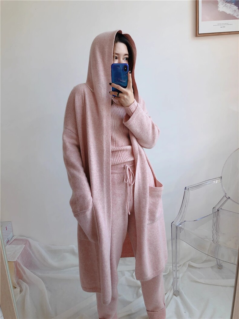 时尚百搭粉色羊毛开衫外套女秋冬季新款宽松显瘦长款针织衫,女装羊毛衫,隆格羊绒