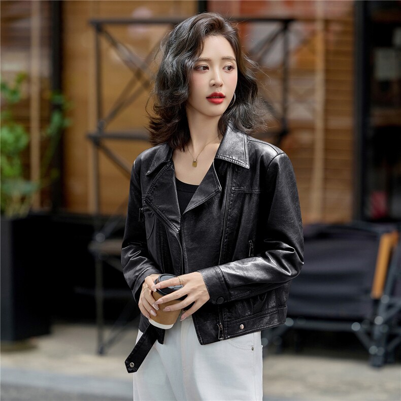 时尚机车范西装领皮衣外套女2025秋季新款小个子短款百搭夹克上衣,女装皮衣,梦依缘