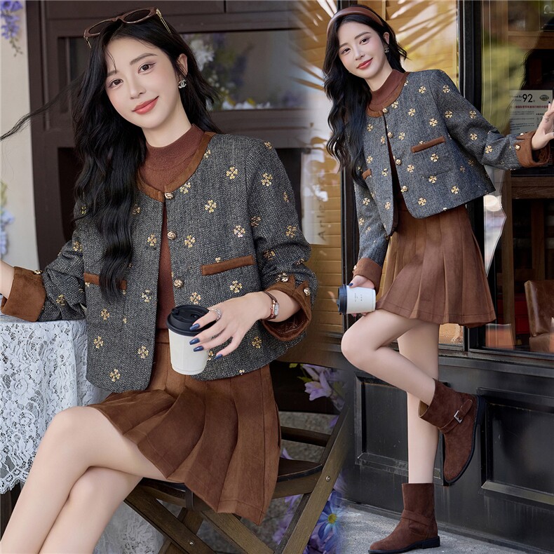 【bao款现货】2025秋装新款纯色幸运四叶草小香风法式套装裙,女装套装/套裙,众宇琦