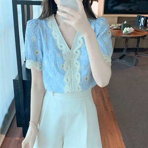 V领气质蕾丝衫洋气衬衫短袖小衫上衣，女装蕾丝衫/雪纺衫，美吧服饰