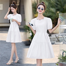 泡泡袖连衣裙女夏2025新款高级感收腰显瘦减龄法式气质小个子短裙，女装连衣裙，贵人树