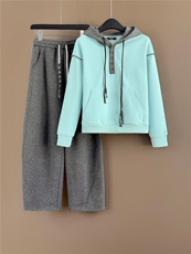 网红时尚休闲套装女秋季新款撞色麻花连帽长袖卫衣阔腿长裤两件套，女装套装/套裙，江南