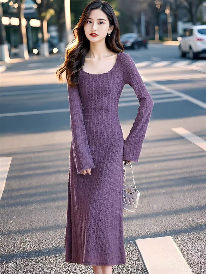 (现货)新款紫色针织气质修身包臀长裙女,女装连衣裙,韩蔻秀