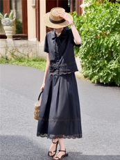 蕾丝拼接娃娃领系带上衣松紧腰半裙学院风套装女，女装套装/套裙，水衣源