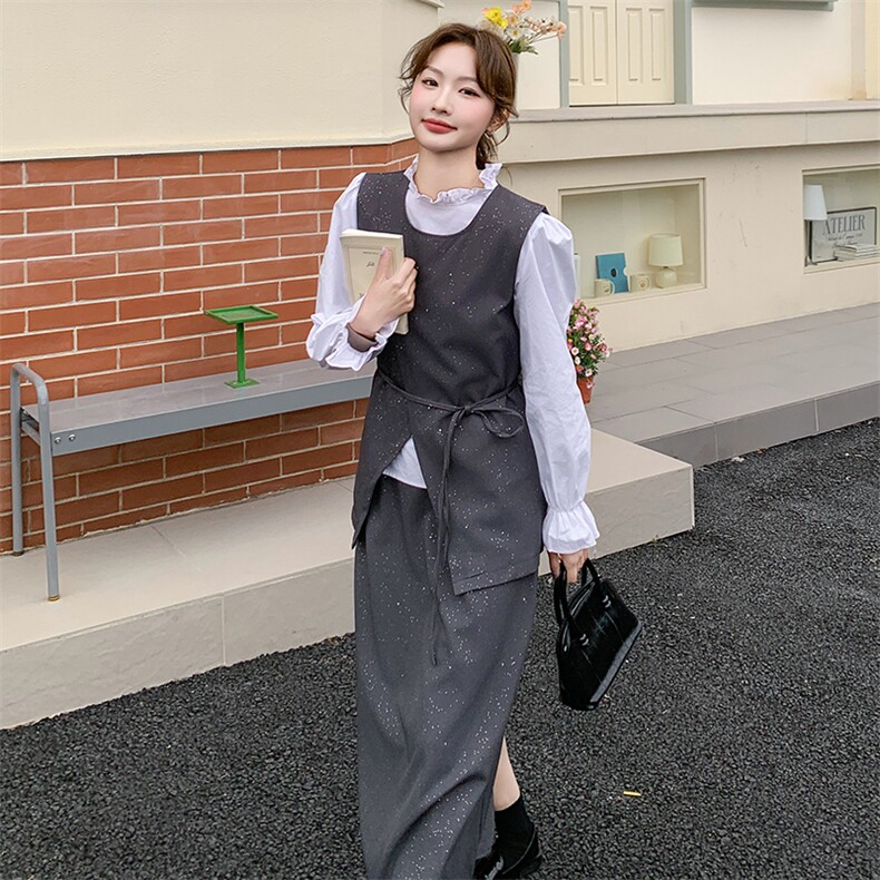 灰色小香风马甲套装裙女2025春季新款韩系穿搭高级感半身裙三件套,女装套装/套裙,2D078