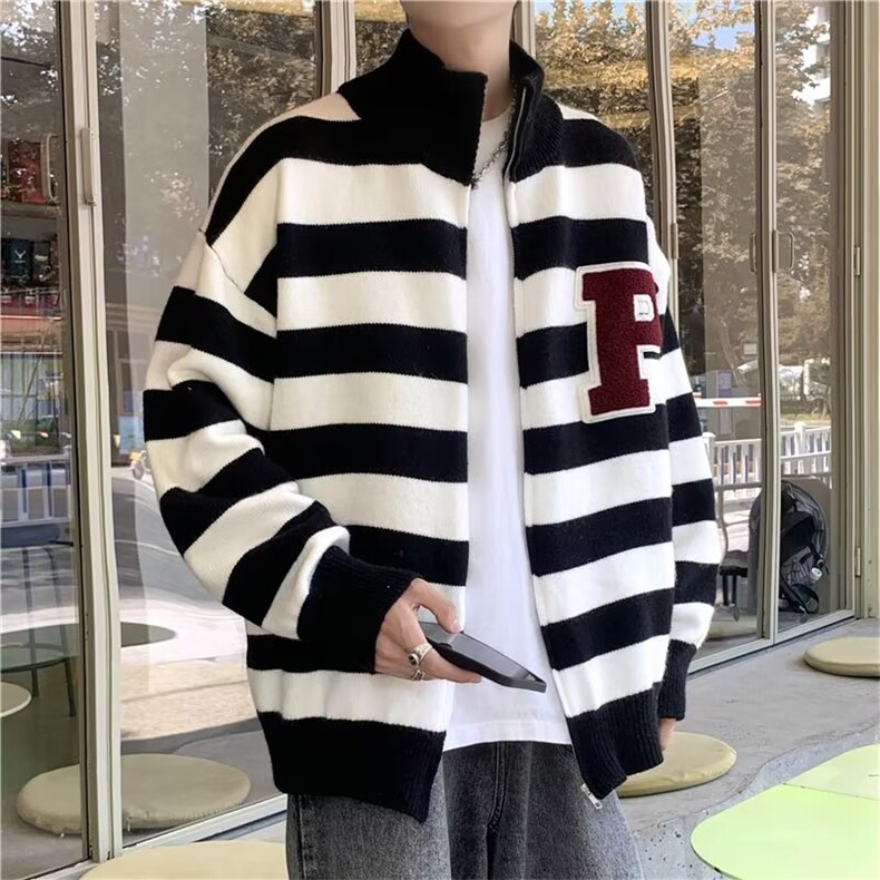 青少年潮美式复古条纹开衫拉链毛衣男女款秋冬宽松针织衫上衣,男装针织衫/毛衣,星座1210-1