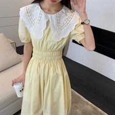 韩连衣裙女新款2021夏法式复古花边娃娃领泡泡袖中长款，女装连衣裙，潮品会