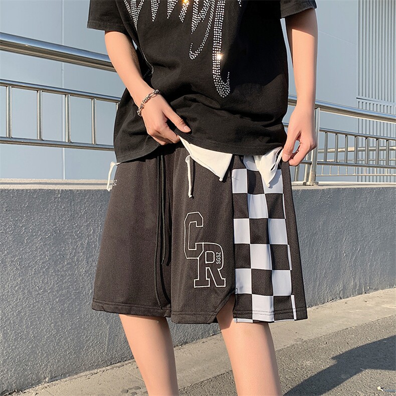 棋盘格拼接短裤抽绳运动裤情侣夏季五分裤宽松休闲男女DK017-P28,男装休闲裤,星座308B-1