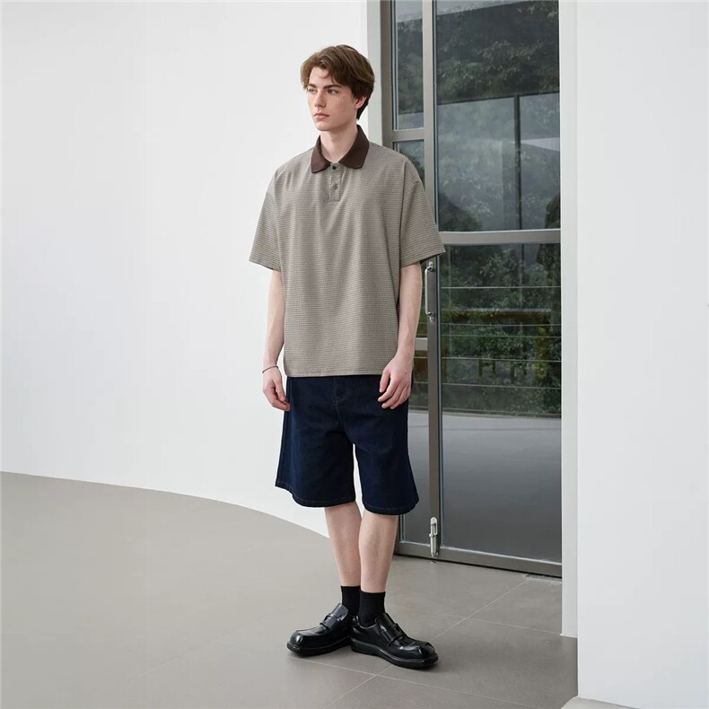 老钱风千鸟格polo衫短袖男夏季新款高级感V领T恤美式休闲TX606,男装T恤,星座208-5