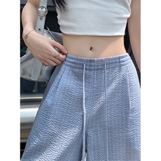 蓝色韩版木耳边格子休闲裤男女2026夏季新款直筒显瘦宽松阔腿裤，男装休闲裤，星座410-6（原星座1304-1）