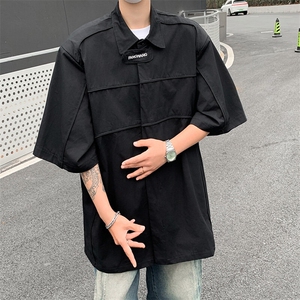 青少年慵懒新款夏季免烫原宿潮纯色标准时尚衬衫潮流五分袖日系图片