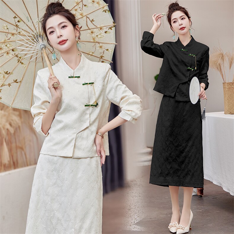 芷墨春季新款复古新中式套装简约百搭显瘦富家千金外套裙子两件套，女装套装/套裙，芷墨服饰