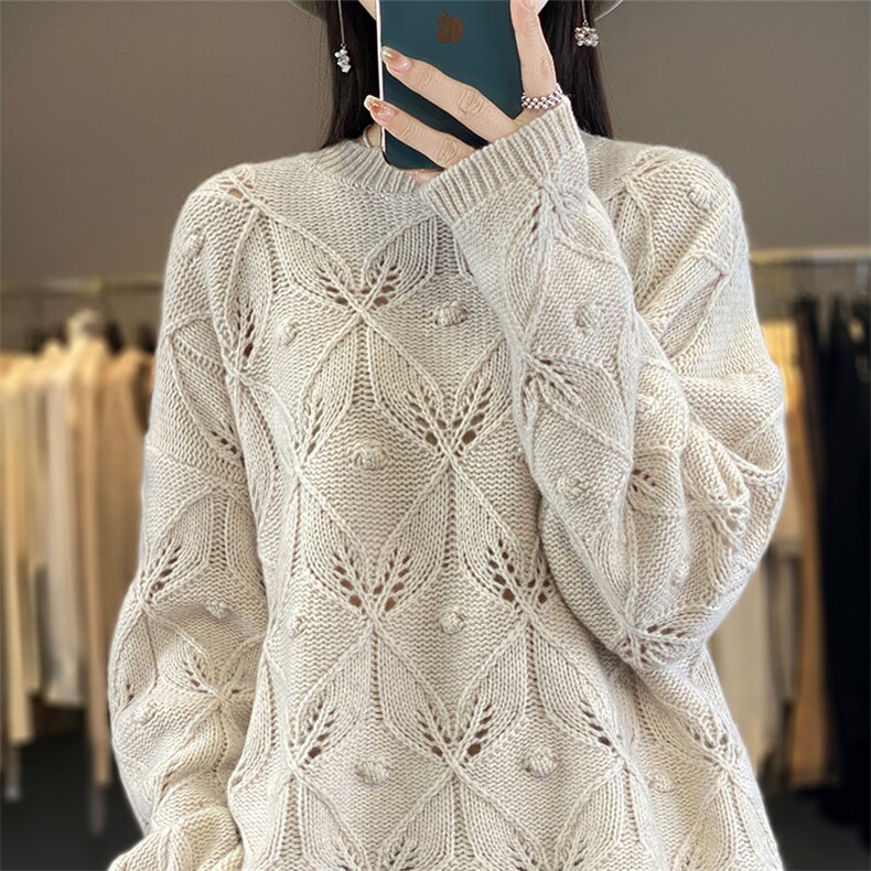 重工镂空钩花100%纯羊毛衫女圆领纯色长袖针织毛衣宽松羊绒打底衫，女装羊毛衫，琳华羊绒