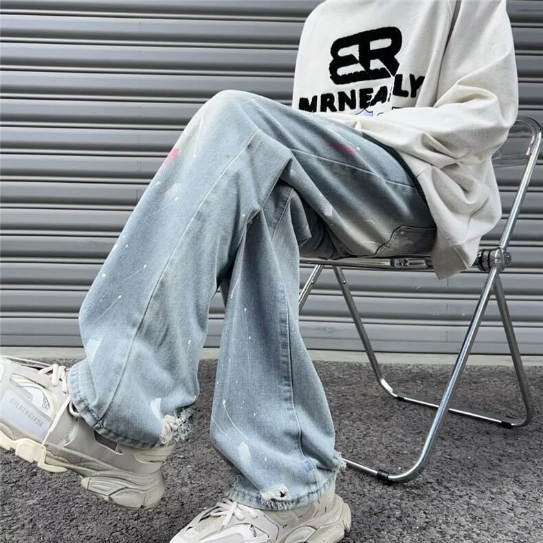 漆点泼墨牛仔裤男情侣高街美式复古水洗直筒休闲长裤XN8066-P47,男装牛仔裤,星座1008