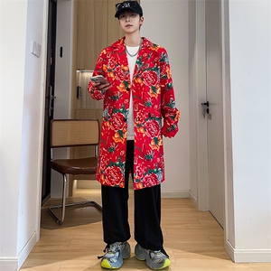 Y001男士中长款休闲风衣外套东北大花帅气大衣潮大码新中式团队服图片