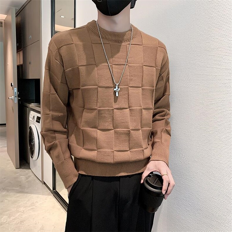 网图78563-P60白色格子毛衣男圆领秋冬季潮牌针织衫打底衫轻熟风,男装针织衫/毛衣,电商D310B