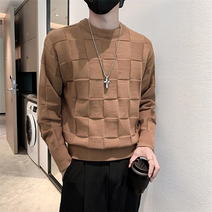 网图78563-P60白色格子毛衣男圆领秋冬季潮牌针织衫打底衫轻熟风图片