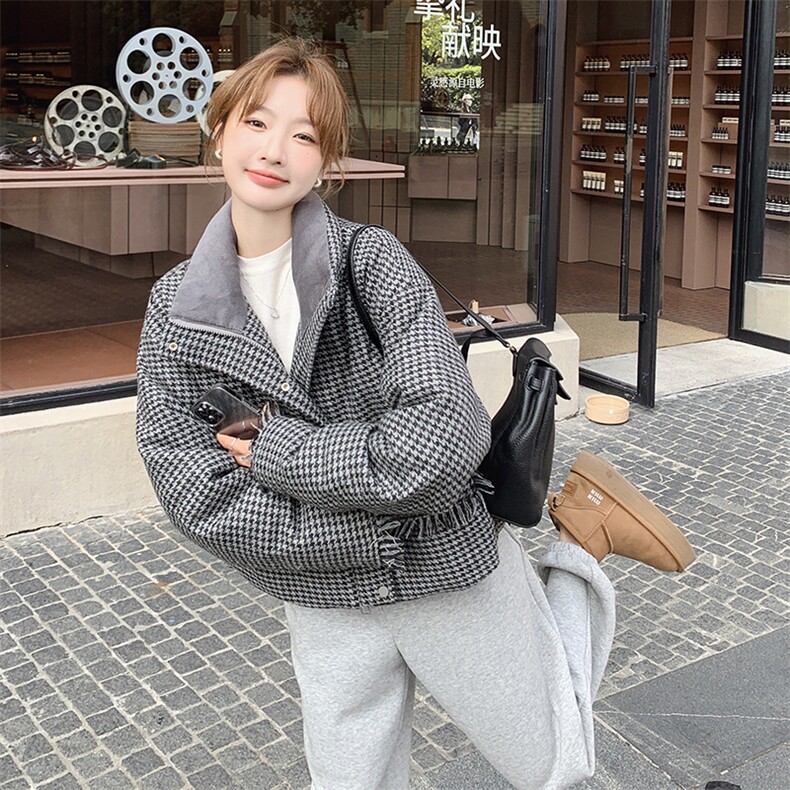 小香风千鸟格立领羽绒服女小个子2024冬季新款加厚爆款白鸭绒外套,女装羽绒服,慧峰
