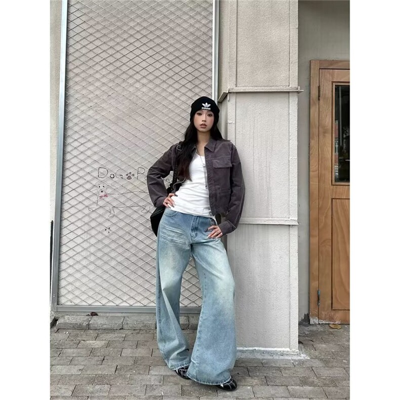 春秋季牛仔裤美式复古辣妹弯刀牛仔裤水洗直筒做旧刺绣宽松裤子潮,男装牛仔裤,星座302B