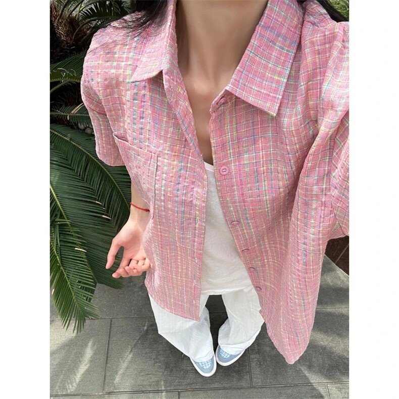粉色薄款泡泡纱短袖衬衫男夏季美式潮牌冰感格子衬衣透气XCS55,男装T恤,星座208-5