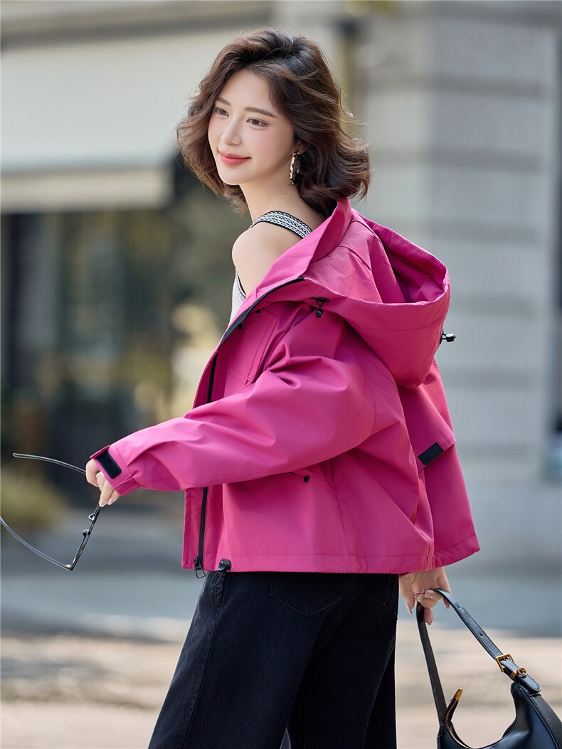 超好看玫红色连帽加棉冲锋衣外套女2025秋冬新款宽松休闲短款棉服,女装棉衣/棉服,悦祺