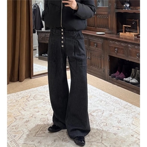 黑色条纹休闲裤春秋原色直筒简约复古宽松阔腿牛仔裤慵懒排扣长裤图片