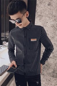 秋季条纹弹力长袖修身衬衫社会精神小伙潮男衬衣C301B-CS06特图片