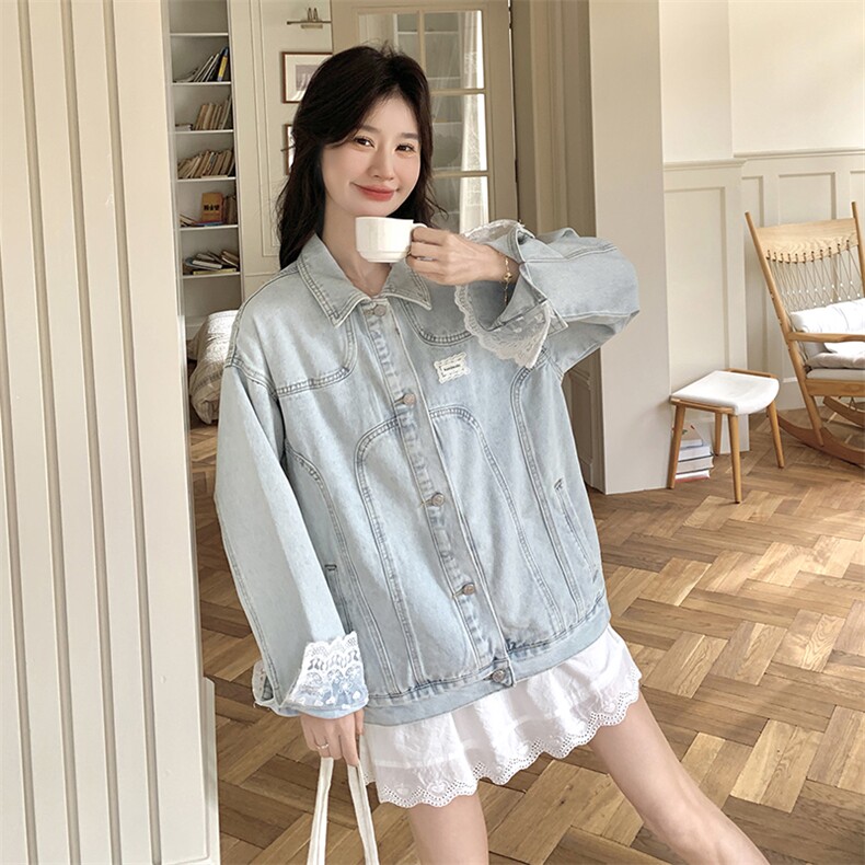 别致高级感2025超火减龄牛仔外套女慵懒风蕾丝拼接小个子气质夹克,女装短外套,2D078