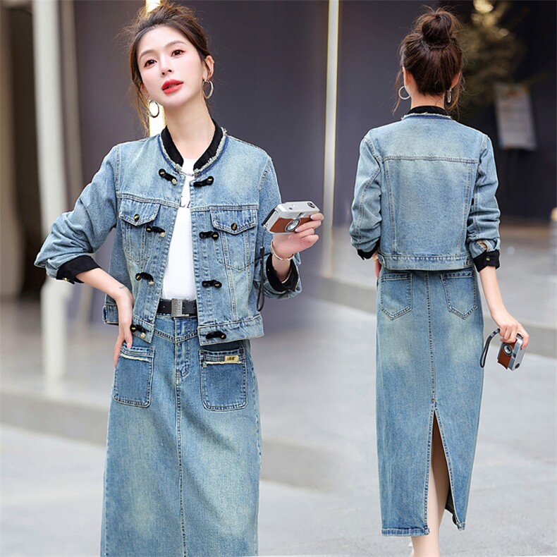 春装潮流立领通勤2024年新款复古单排扣直筒显瘦减龄牛仔外套上衣，女装牛仔外套，江南富贵女