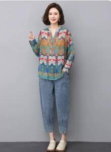 妈妈时尚两件套2025夏季印花衬衣中年宽松显瘦套装薄款九分牛仔裤,鲨鱼套装怎么搭配好看图片