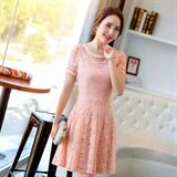 优雅蕾丝连衣裙女夏新款气质修身显瘦短袖A字裙甜美淑女裙子，女装连衣裙，贵人树