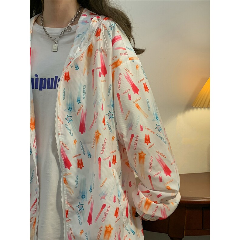 2025夏季新款碎花连帽宽松情侣防晒衣F168/P69，女装防晒衣，星座202-3
